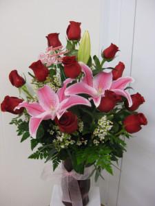 Forever my Love Bouquet One Dozen Red Roses With Pink Stargazer Lily – Brea Florist, Brea CA