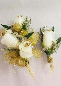Shimmer Gold Rose Corsage and Boutonniere – flower arrangement | Brea, CA